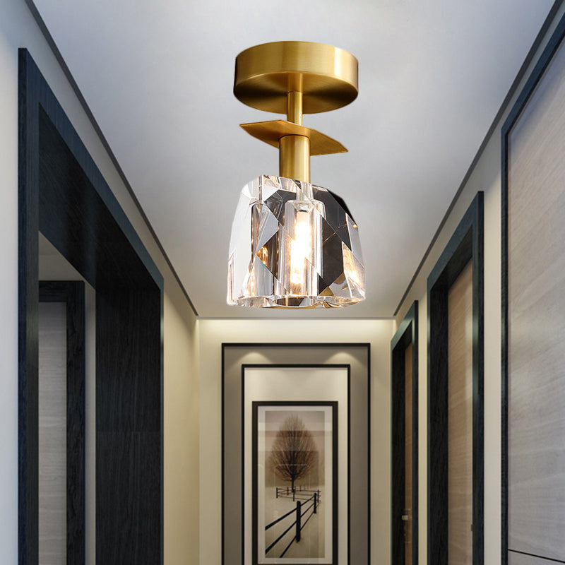 Modern Brass Semi Flush Ceiling Light - Clear Bevel Cut Glass, Irregular Half Sphere Design