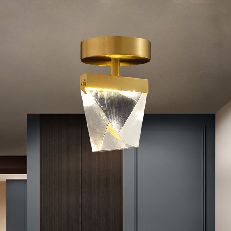 Clear Crystal Led Brass Cube Semi-Flush Mount Light Fixture For Contemporary Corridors