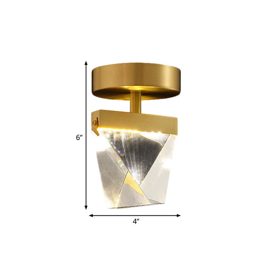 Clear Crystal LED Brass Cube Semi-Flush Mount Light Fixture for Contemporary Corridors