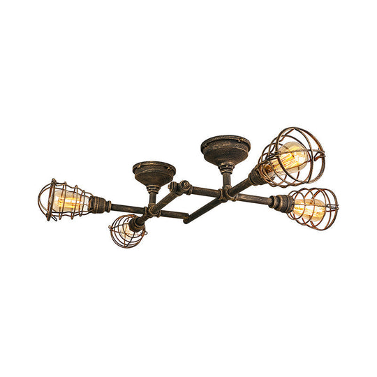 Vintage Industrial Brass Wire Cage Semi-Flush Light With Pipe - 4/6/8 Heads For Living Room Ceiling