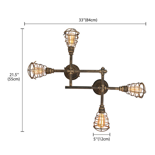 Vintage Industrial Brass Wire Cage Semi-Flush Light With Pipe - 4/6/8 Heads For Living Room Ceiling