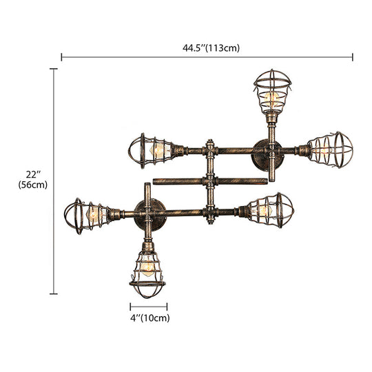 Vintage Industrial Brass Wire Cage Semi-Flush Light With Pipe - 4/6/8 Heads For Living Room Ceiling