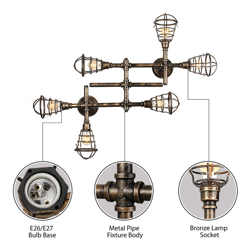 Vintage Industrial Brass Wire Cage Semi-Flush Light With Pipe - 4/6/8 Heads For Living Room Ceiling