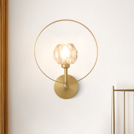 Contemporary Gold Head Surface Wall Sconce With Beveled Crystal Ball Ring Frame - Elegant Lamp