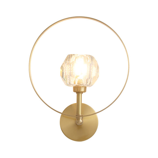 Contemporary Gold Head Surface Wall Sconce With Beveled Crystal Ball Ring Frame - Elegant Lamp