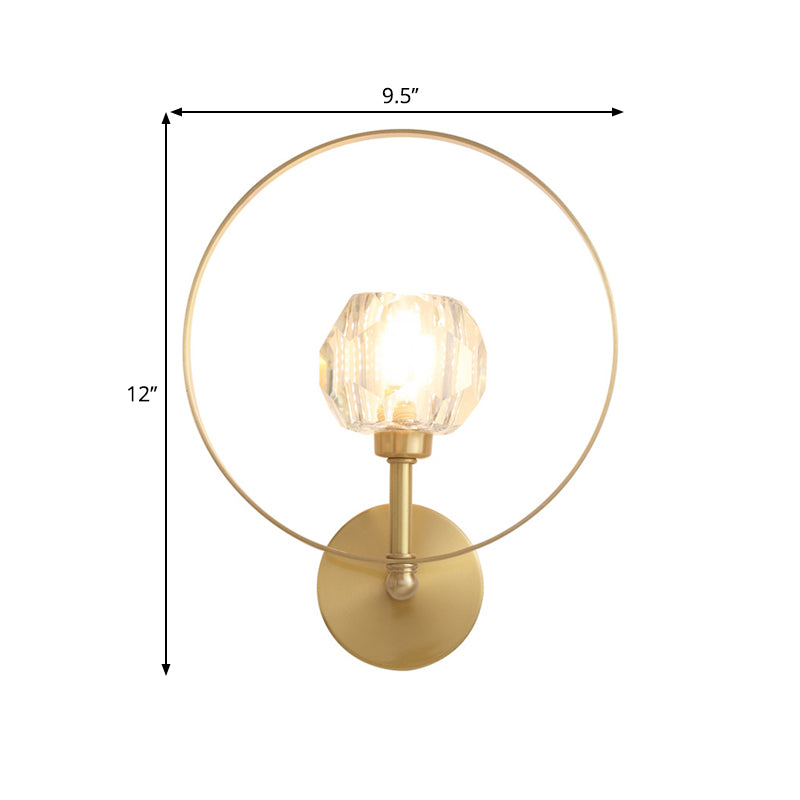 Contemporary Gold Head Surface Wall Sconce With Beveled Crystal Ball Ring Frame - Elegant Lamp