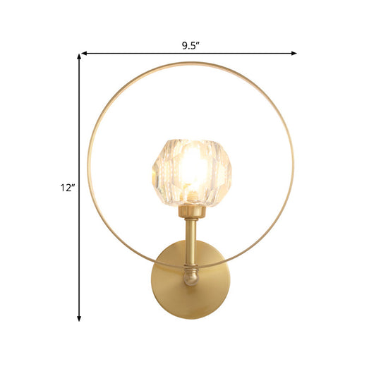 Contemporary Gold Head Surface Wall Sconce With Beveled Crystal Ball Ring Frame - Elegant Lamp