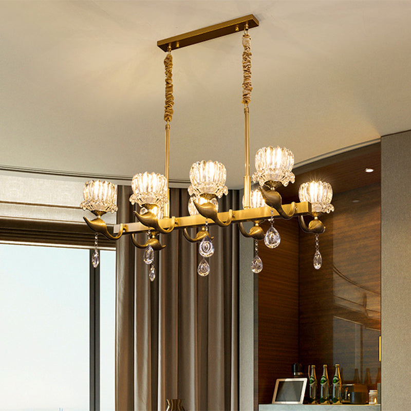 Gold Island Chandelier With Crystal Draping And 8-Head Floral Design For Contemporary Dining Room