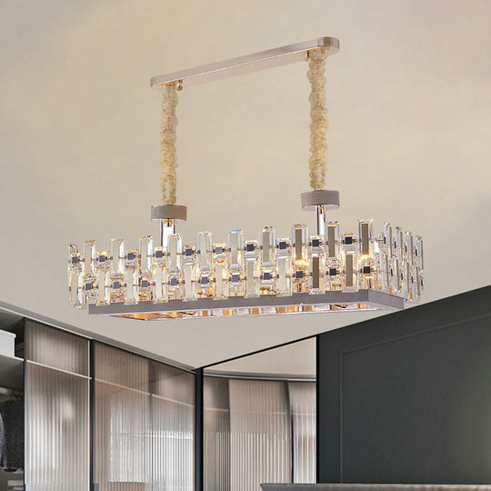 12-Bulb Gold Island Light With Clear Crystal Blocks Contemporary Rectangular Hanging Lamp