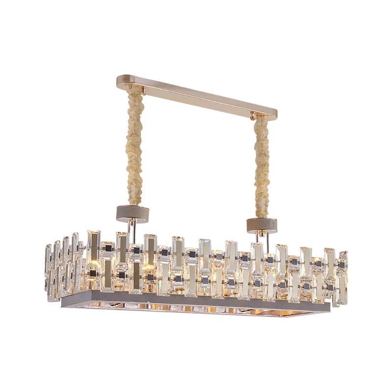 12-Bulb Gold Island Light With Clear Crystal Blocks Contemporary Rectangular Hanging Lamp