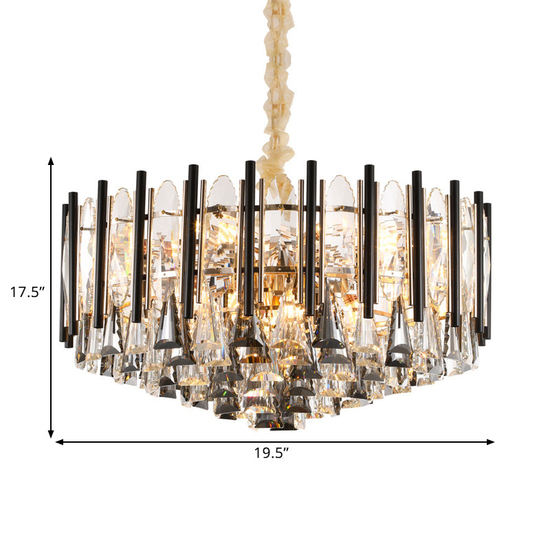 Modern 12-Head Tapered Crystal Chandelier With Clear Triangular Drops And Black Tubes