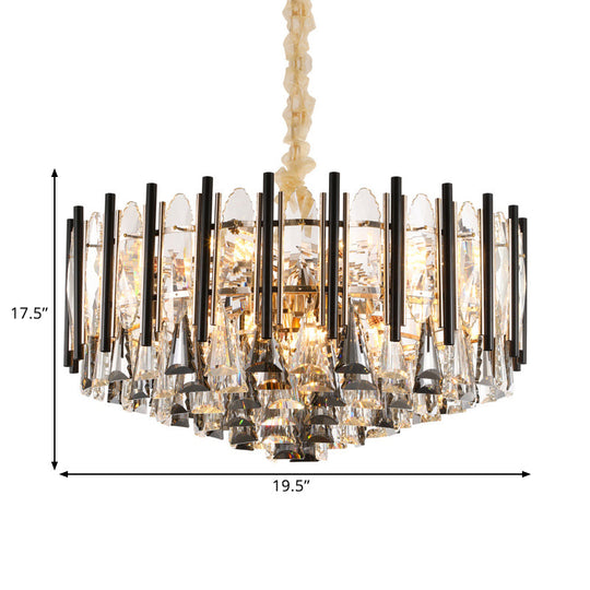 Modern 12-Head Tapered Crystal Chandelier With Clear Triangular Drops And Black Tubes