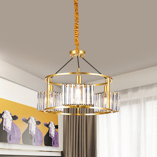 Modern Gold Crystal Block Ceiling Chandelier With 3 Heads - Clear Drum Shape Metal Frame