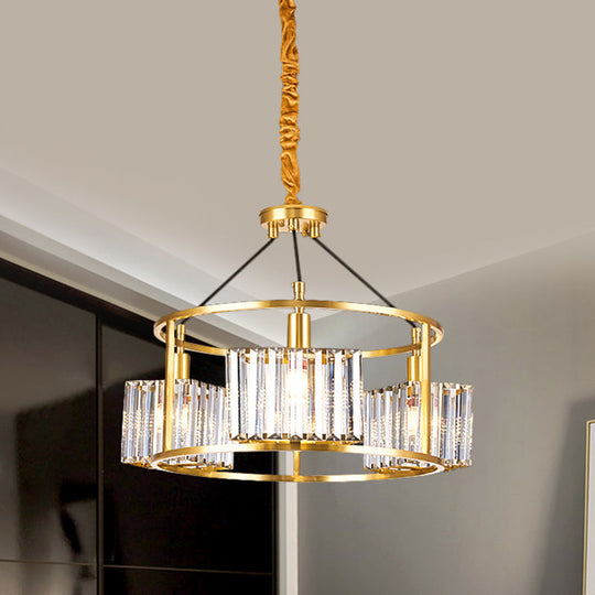 Contemporary Crystal Blocks Clear Chandelier with Metal Frame - 3 Heads Gold Hanging Drum Light Kit