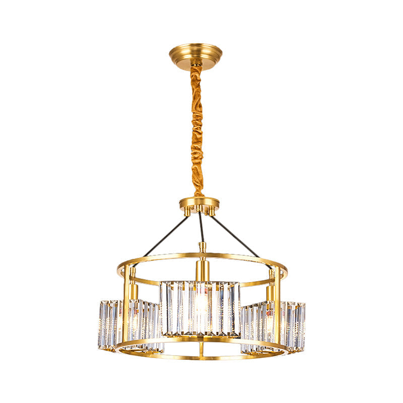 Modern Gold Crystal Block Ceiling Chandelier With 3 Heads - Clear Drum Shape Metal Frame