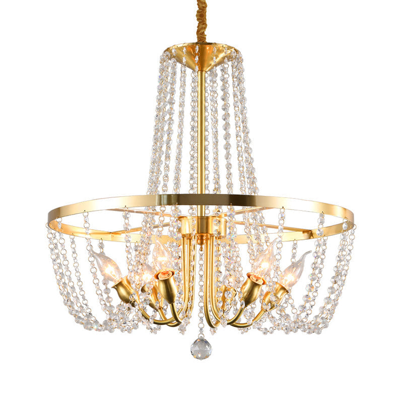 Gold Modern Ring Hanging Lamp with Crystal Stands - 6 Bulbs Pendant Chandelier