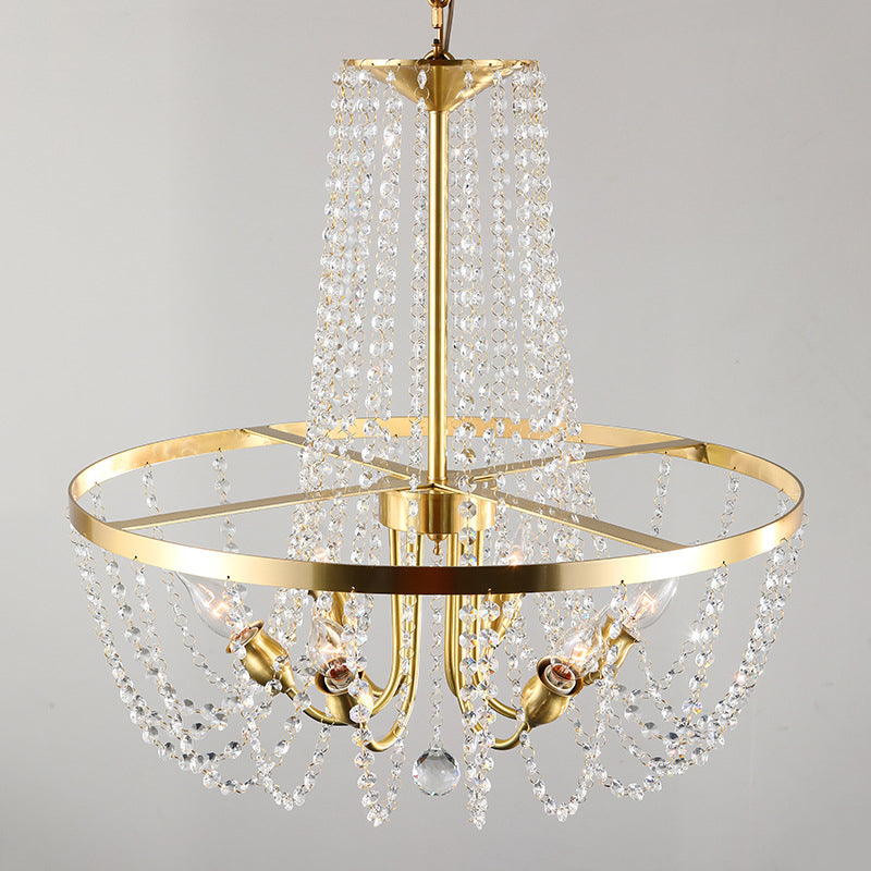 Modern Gold Ring Pendant Chandelier With Crystal Stands - 6 Bulb Hanging Lamp