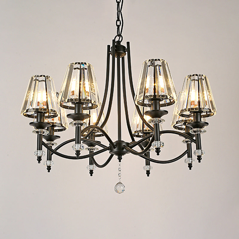 Modern Black Chandelier: 8-Head Hanging Light Fixture with Crystal Swirled Arms and Glass Ball Accents