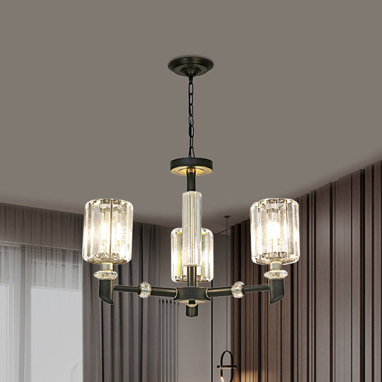 Contemporary Clear Crystal Chandelier with Black Metal Frame - 3/6 Bulb Cylinder Shade Ceiling Light