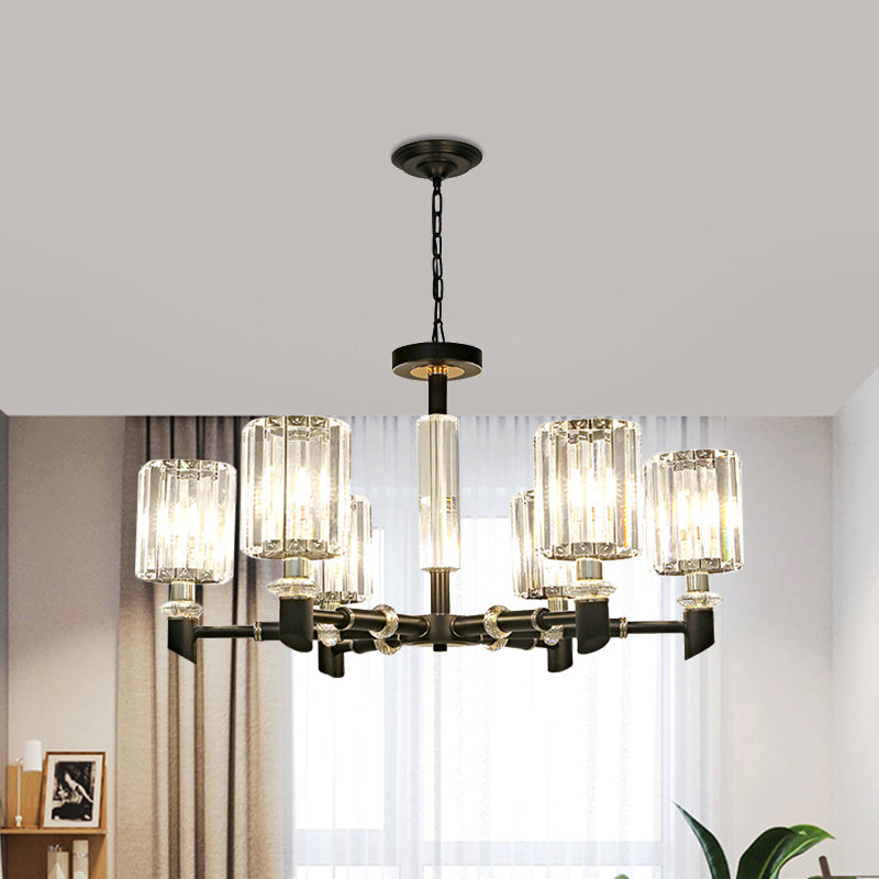 Contemporary Clear Crystal Chandelier with Black Metal Frame - 3/6 Bulb Cylinder Shade Ceiling Light