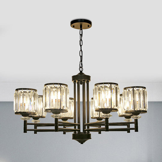 Modern Crystal Drum Shade 8-Head Metal Frame Pendant Light - Black/Gold Chandelier Lamp