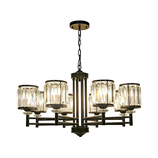 Modern Crystal Drum Shade 8-Head Metal Frame Pendant Light - Black/Gold Chandelier Lamp