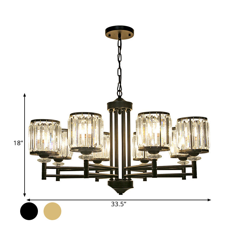 Modern Crystal Drum Shade 8-Head Metal Frame Pendant Light - Black/Gold Chandelier Lamp