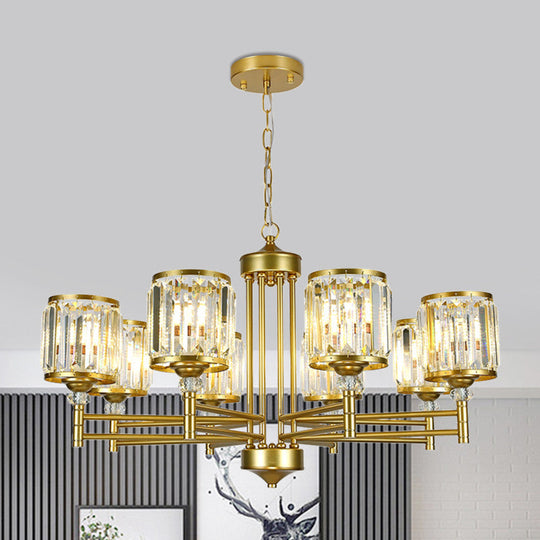 Modern Crystal Drum Shade 8-Head Metal Frame Pendant Light - Black/Gold Chandelier Lamp