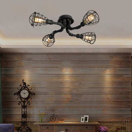 Black/Bronze Metal Twisted Pipe Semi Flush Light Fixture for Restaurant - 4/6/8 Bulbs