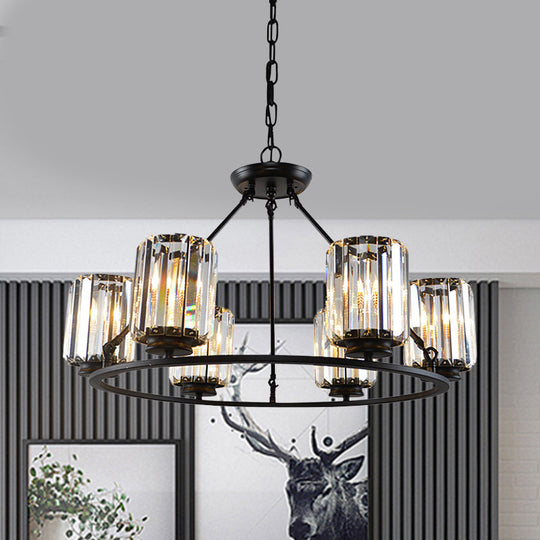 Modern Ring Crystal Chandelier with Clear Cylinder Shade - 6 or 8 Bulbs - Black Suspension Lamp