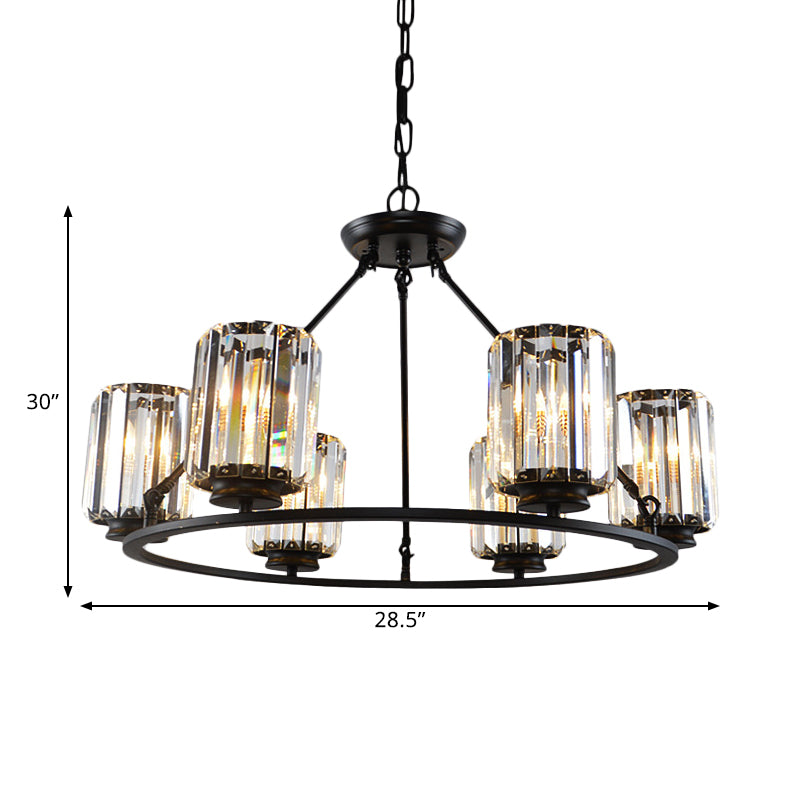 Modern Ring Crystal Chandelier with Clear Cylinder Shade - 6 or 8 Bulbs - Black Suspension Lamp