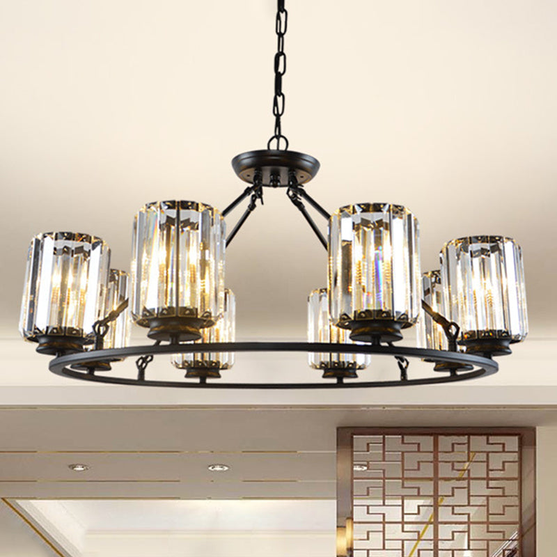 Modern Ring Crystal Chandelier with Clear Cylinder Shade - 6 or 8 Bulbs - Black Suspension Lamp