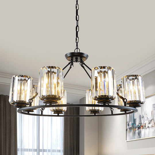 Modern Ring Crystal Chandelier with Clear Cylinder Shade - 6 or 8 Bulbs - Black Suspension Lamp