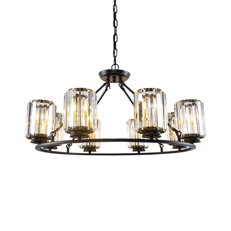 Modern Ring Crystal Chandelier with Clear Cylinder Shade - 6 or 8 Bulbs - Black Suspension Lamp