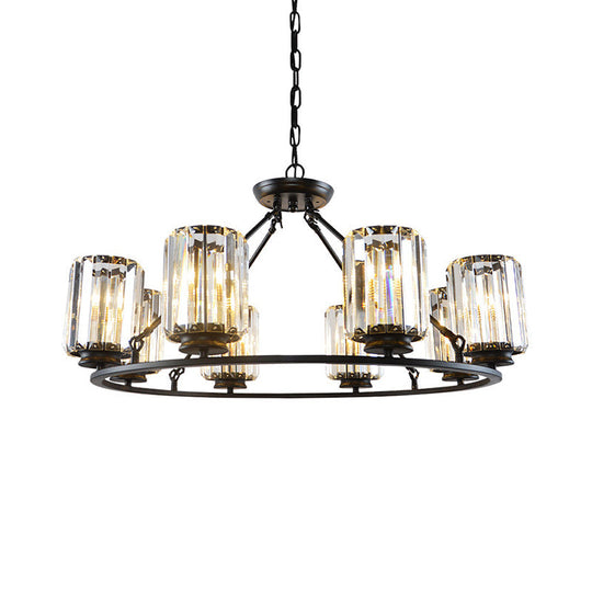 Modern Ring Crystal Chandelier with Clear Cylinder Shade - 6 or 8 Bulbs - Black Suspension Lamp