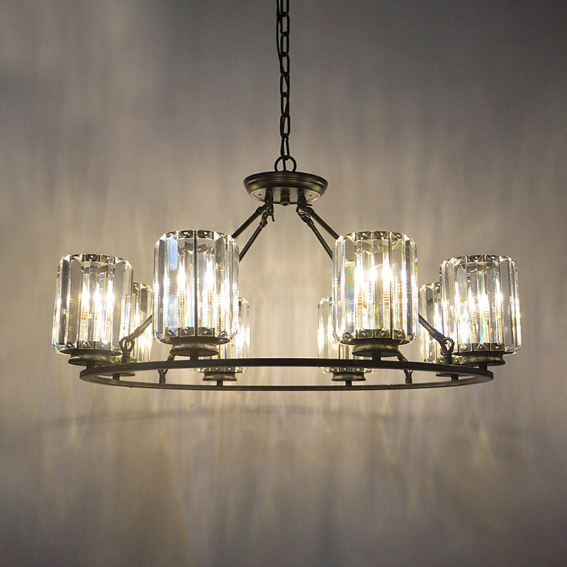 Modern Ring Crystal Chandelier with Clear Cylinder Shade - 6 or 8 Bulbs - Black Suspension Lamp