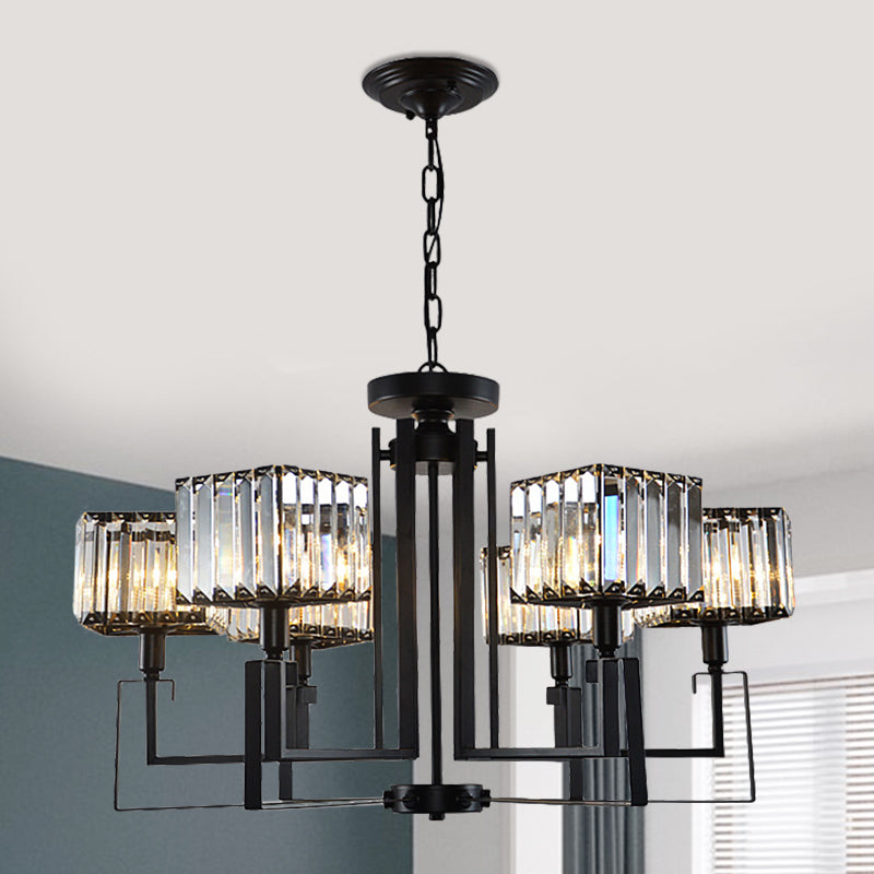 Modern Black Crystal Chandelier with Crooked Metal Frame - 6/8 Heads, Clear Cubic Shades