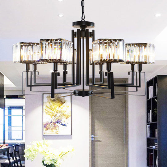 Modern Black Crystal Chandelier with Crooked Metal Frame - 6/8 Heads, Clear Cubic Shades