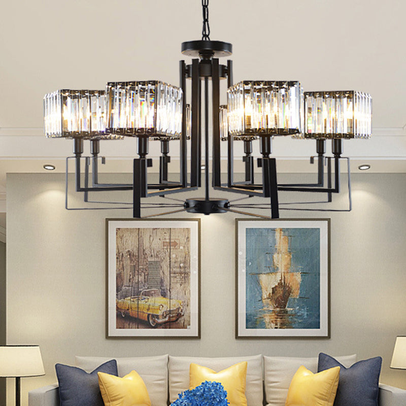 Modern Black Crystal Chandelier with Crooked Metal Frame - 6/8 Heads, Clear Cubic Shades