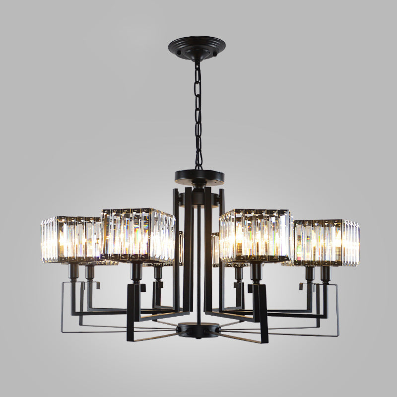 Modern Black Crystal Chandelier with Crooked Metal Frame - 6/8 Heads, Clear Cubic Shades