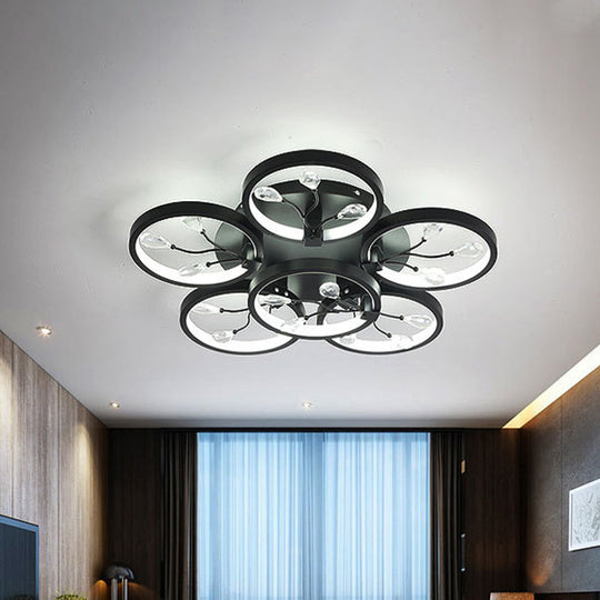 Contemporary Crystal Raindrops Semi Flush Light with LED Flower Design - Black/White Ceiling Mounted Fixture