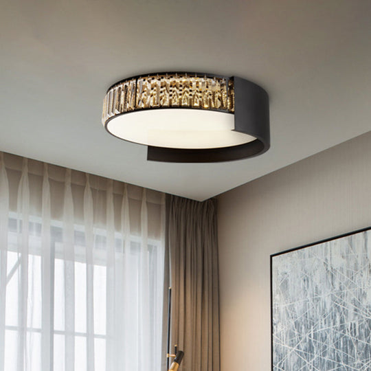 Modern LED Round Flush Mount Ceiling Lamp in Black with Crystal Blocks - White/Warm Light, 16"/23.5" Wide