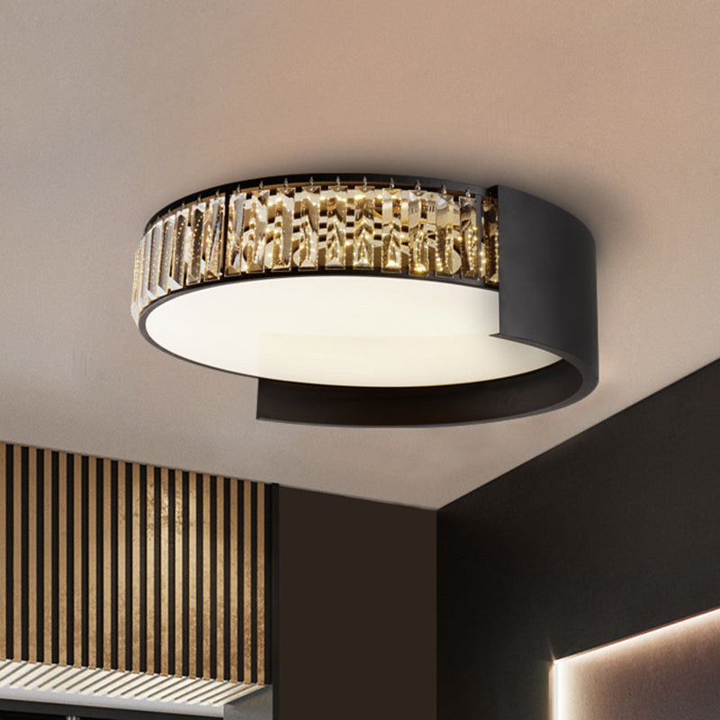 Modern LED Round Flush Mount Ceiling Lamp in Black with Crystal Blocks - White/Warm Light, 16"/23.5" Wide