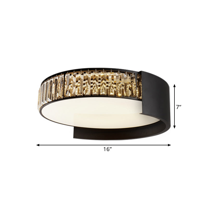 Modern LED Round Flush Mount Ceiling Lamp in Black with Crystal Blocks - White/Warm Light, 16"/23.5" Wide