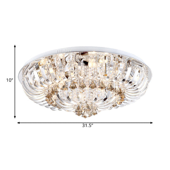 Modern Crystal LED Flush Mount Lamp with Clear Stands and Draping Bowl - White/Warm Light, 27"/31.5" Width