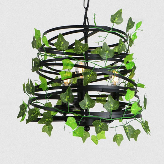 Industrial Green Iron Ceiling Chandelier with 3-Lights, Fake Plant and Cage - Restaurant Pendant Lamp