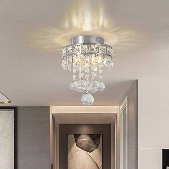 Contemporary Crystal Draping Ceiling Fixture: Ring Frame Silver Semi Flush Light