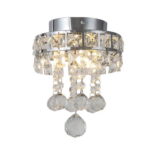 Contemporary Crystal Draping Ceiling Fixture: Ring Frame Silver Semi Flush Light