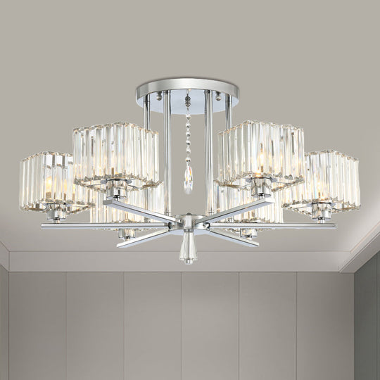 Modern Radial Design Chandelier with 6/8 Clear Crystal Bulbs and Cubic Shade Ceiling Lighting