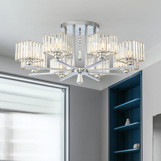 Modern Radial Design Chandelier with 6/8 Clear Crystal Bulbs and Cubic Shade Ceiling Lighting